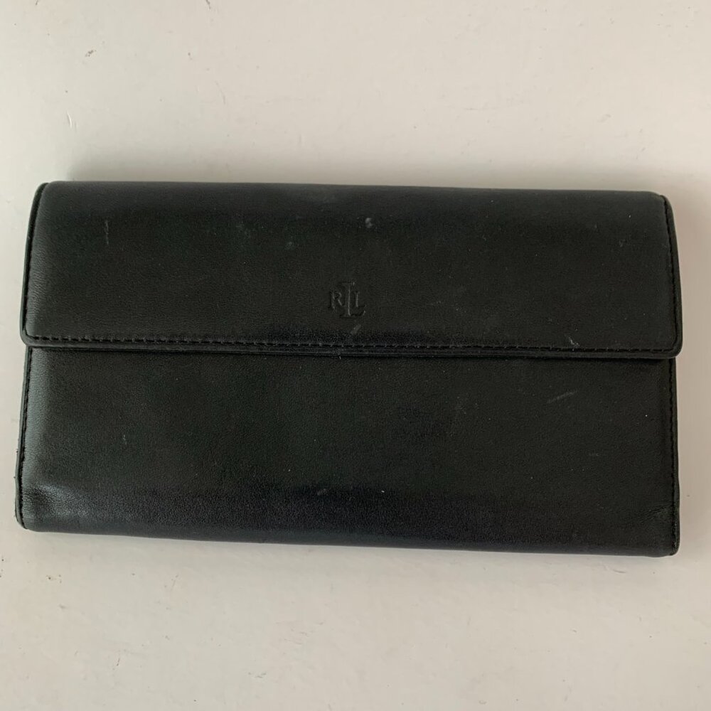 RLL RALPH LAUREN NAVY BLUE LEATHER WALLET 7.5" BY 4.5"